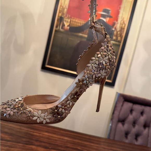 Jimmy Choo NWOT Lorelei Limited Edition Gold-Leather Flowers-Swarovski D’Orsay - Picture 9 of 14